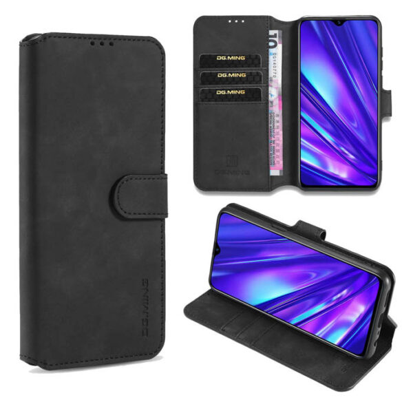 DG.MING OPPO Realme 5 Pro Wallet Stand PU Leather Case Black