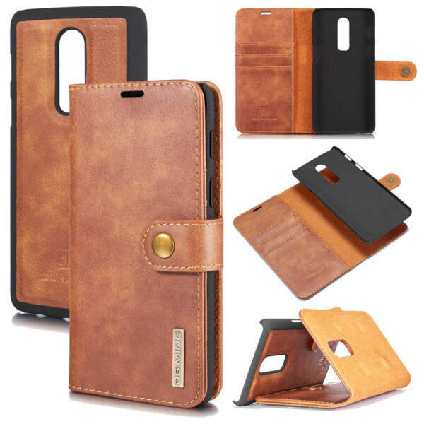 DG.MING OnePlus 6 Wallet Magnetic Split Leather Case Brown