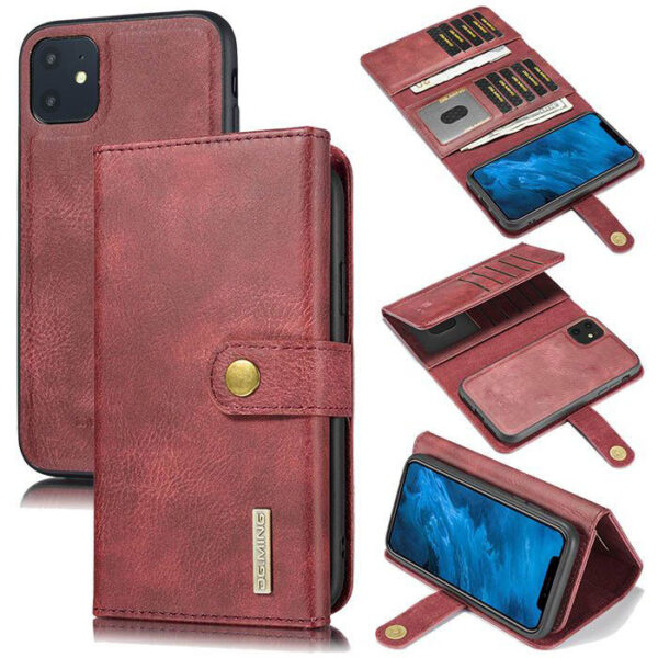 DG.MING iPhone 11 Wallet Stand Detachable 2 in 1 Split Leather Case Red