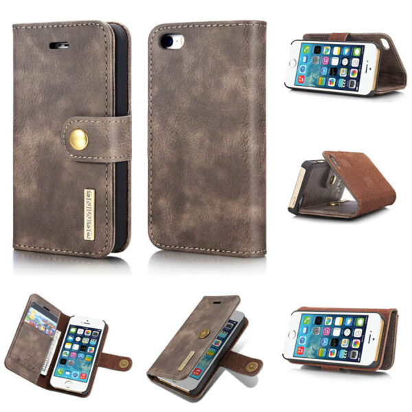 DG.MING iPhone SE/5S Wallet Magnetic Detachable 2 in 1 Split Leather Case Gray