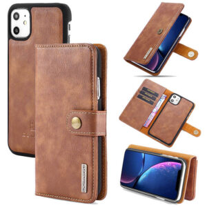 DG.MING iPhone 11 Wallet Magnetic Detachable 2 in 1 Split Leather Case Brown