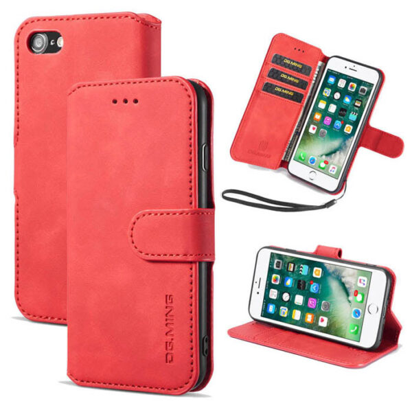DG.MING iPhone SE 2020 Retro Wallet Stand PU Leather Case Red