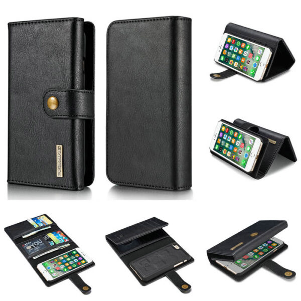 DG.MING iPhone 7/8 Wallet Stand Detachable 2 in 1 Split Leather Case Black