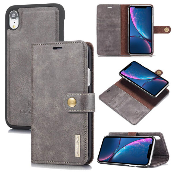 DG.MING iPhone XR Wallet Magnetic Detachable 2 in 1 Split Leather Case Gray