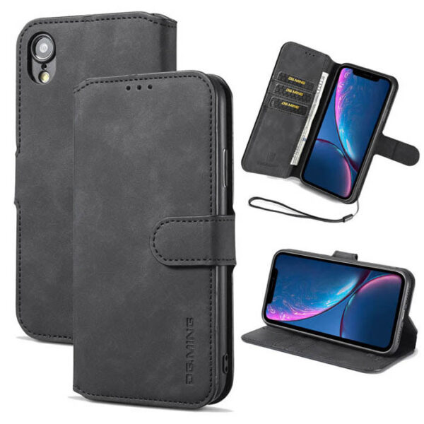 DG.MING iPhone XR Retro Wallet Stand PU Leather Case Black