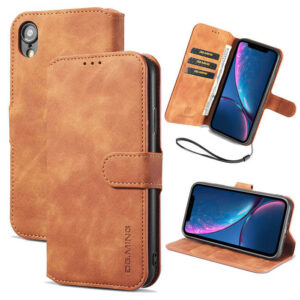 DG.MING iPhone XR Retro Wallet Stand PU Leather Case Brown