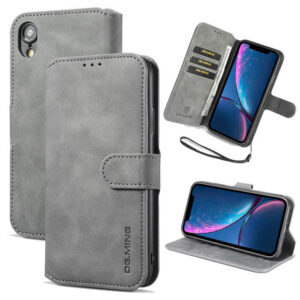 DG.MING iPhone XR Retro Wallet Stand PU Leather Case Gray