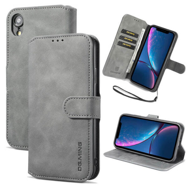 DG.MING iPhone XR Retro Wallet Stand PU Leather Case Gray