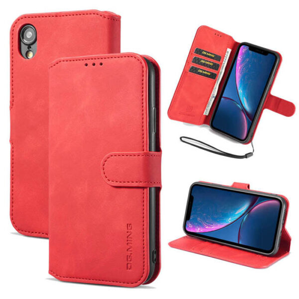 DG.MING iPhone XR Retro Wallet Stand PU Leather Case Red