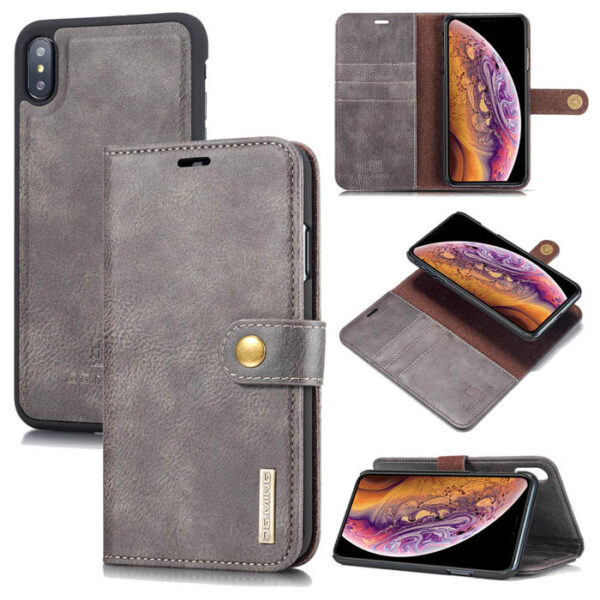 DG.MING iPhone XS Max Wallet Magnetic Detachable 2 in 1 Split Leather Case Gray