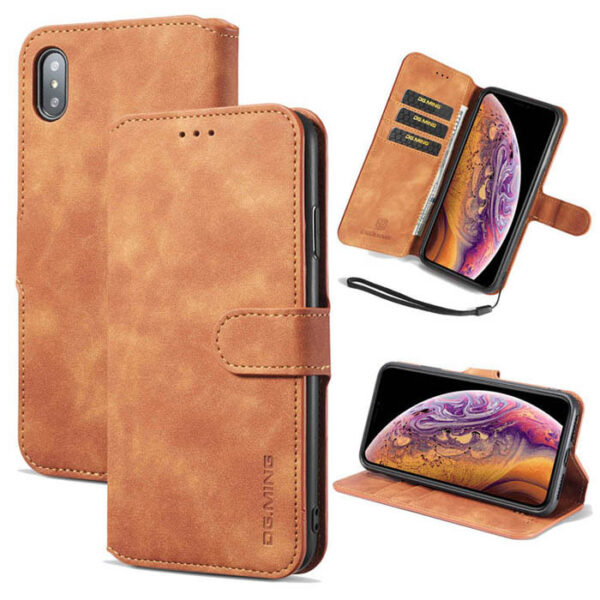 DG.MING iPhone XS Max Retro Wallet Stand PU Leather Case Brown