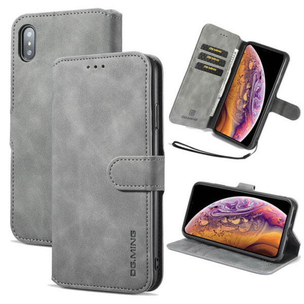 DG.MING iPhone XS Max Retro Wallet Stand PU Leather Case Gray