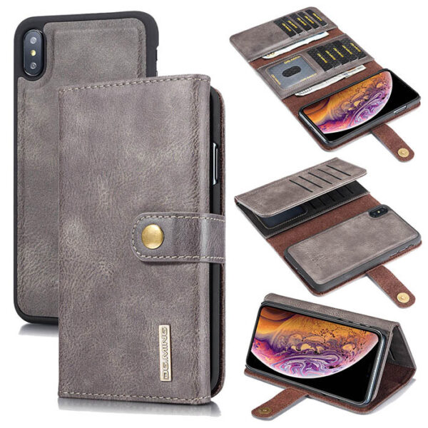 DG.MING iPhone XR Wallet Stand Detachable 2 in 1 Split Leather Case Gray