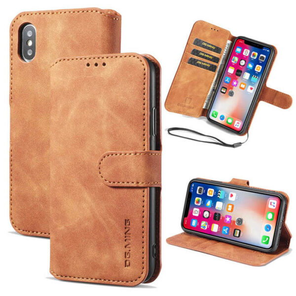DG.MING iPhone XS/X Retro Wallet Stand PU Leather Case Brown
