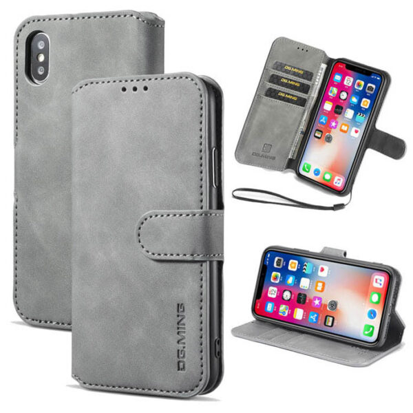 DG.MING iPhone XS/X Retro Wallet Stand PU Leather Case Gray