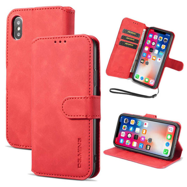 DG.MING iPhone XS/X Retro Wallet Stand PU Leather Case Red