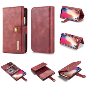 DG.MING iPhone XS/X Wallet Stand Detachable 2 in 1 Split Leather Case Red