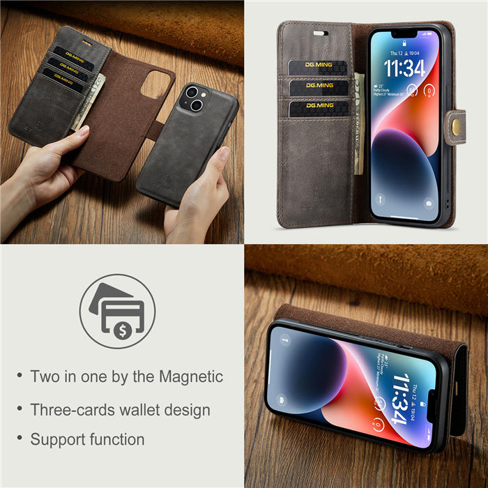 DG.MING iPhone 14 Wallet Magnetic Detachable 2 in 1 Split Leather Case Gray