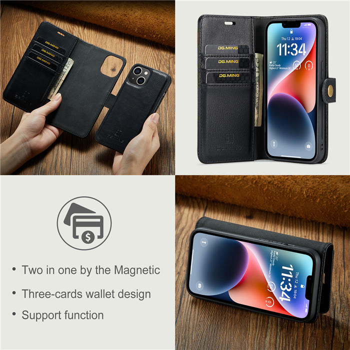 DG.MING iPhone 14 Wallet Magnetic Detachable 2 in 1 Split Leather Case Black