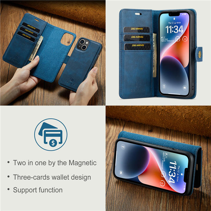 DG.MING iPhone 14 Wallet Magnetic Detachable 2 in 1 Split Leather Case Blue