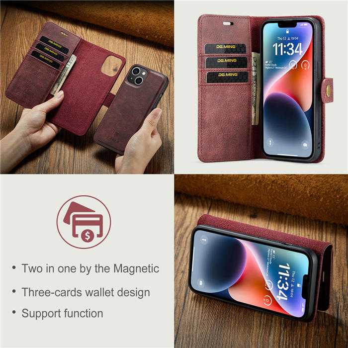 DG.MING iPhone 14 Wallet Magnetic Detachable 2 in 1 Split Leather Case Red