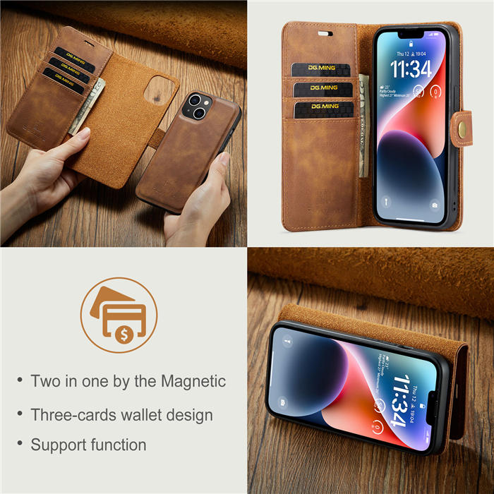 DG.MING iPhone 14 Plus Wallet Magnetic Detachable 2 in 1 Split Leather Case Brown
