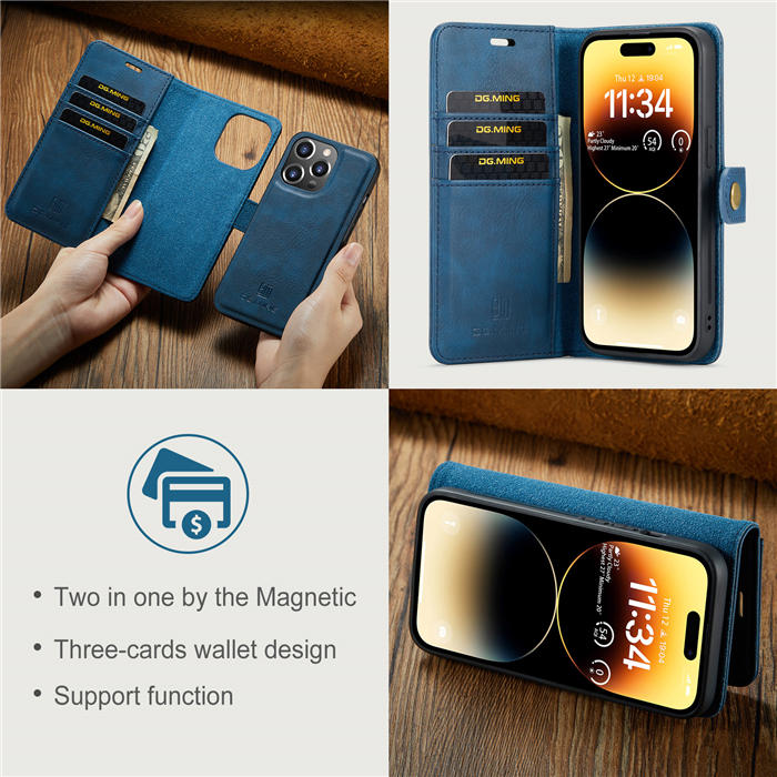 DG.MING iPhone 14 Pro Wallet Magnetic Detachable 2 in 1 Split Leather Case Blue