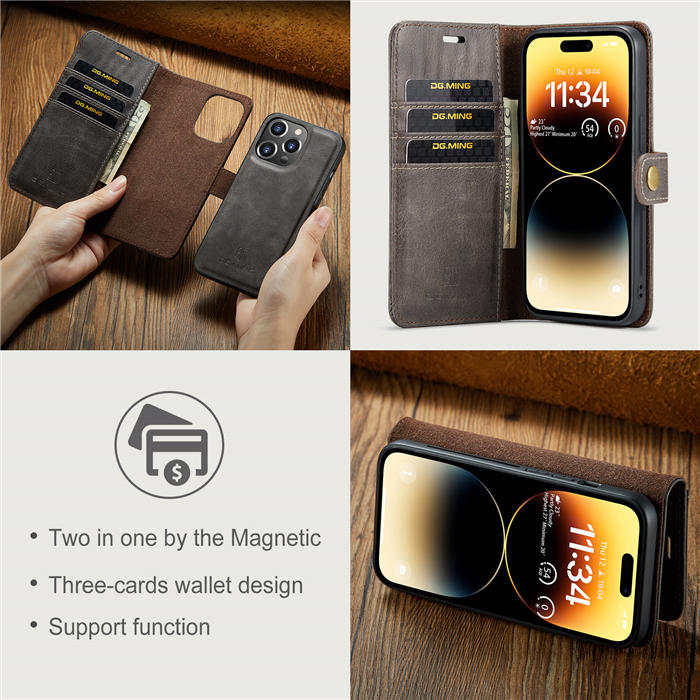 DG.MING iPhone 14 Pro Max Wallet Magnetic Detachable 2 in 1 Split Leather Case Gray
