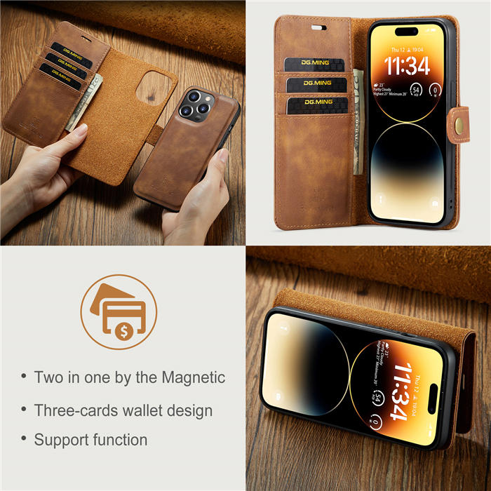 DG.MING iPhone 14 Pro Max Wallet Magnetic Detachable 2 in 1 Split Leather Case Brown
