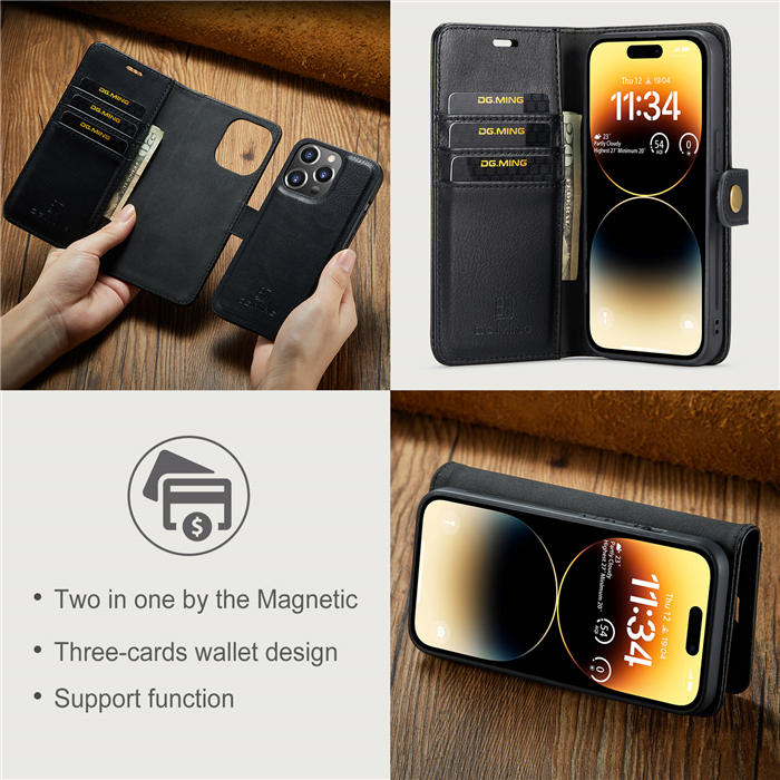 DG.MING iPhone 14 Pro Max Wallet Magnetic Detachable 2 in 1 Split Leather Case Black