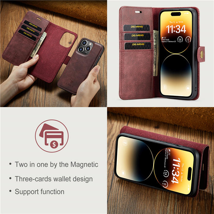 DG.MING iPhone 14 Pro Max Wallet Magnetic Detachable 2 in 1 Split Leather Case Red