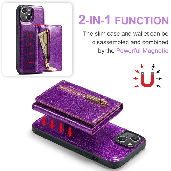 DG.MING iPhone 15 Plus Magnetic 2 in 1 Wallet Glitter Leather Case