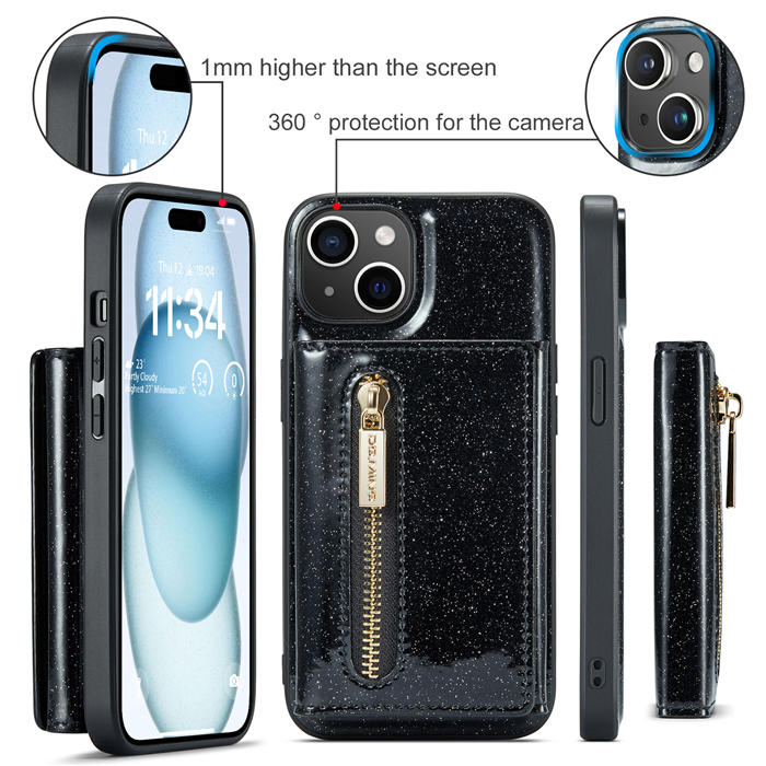 DG.MING iPhone 15 Plus Magnetic Wallet Glitter Leather Case