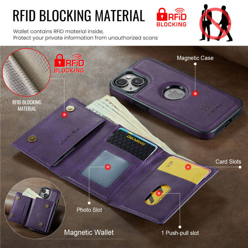 DG.MING iPhone 15 Wallet Case with RFID Blocking