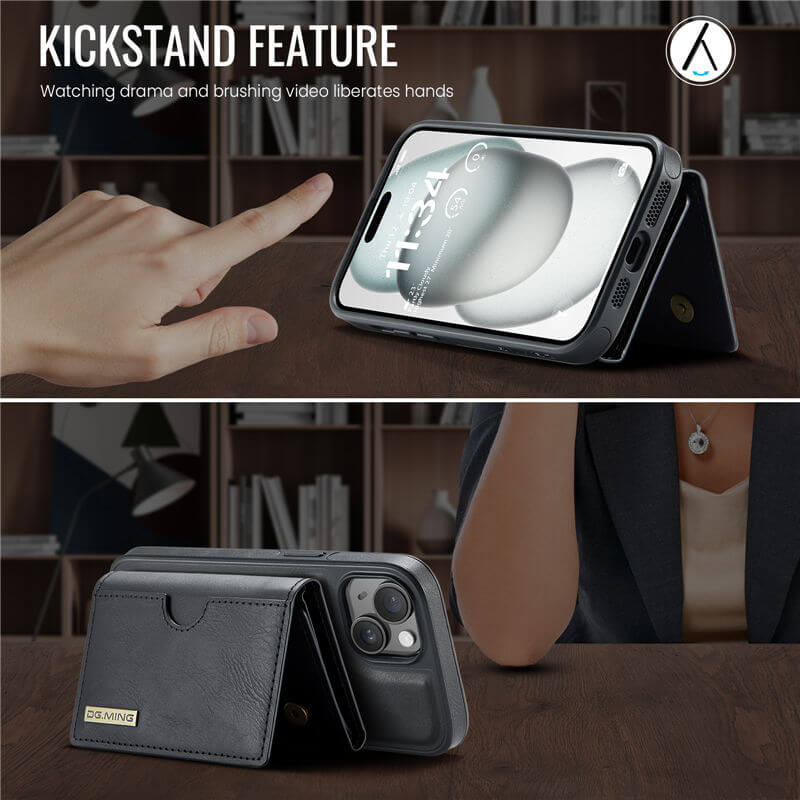DG.MING iPhone 15 Wallet Kickstand Case