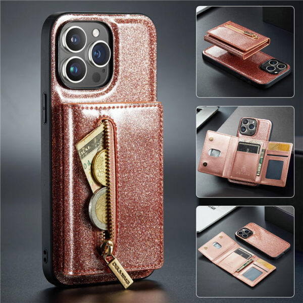 DG.MING iPhone 15 Pro Magnetic Wallet Glitter Leather Case