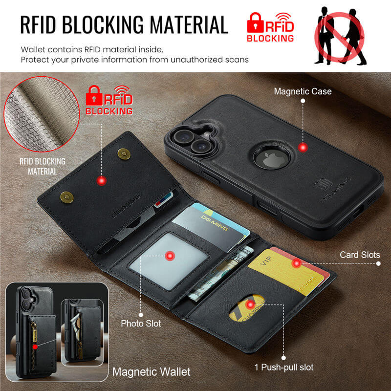 DG.MING iPhone 16 Plus Wallet RFID Blocking Case